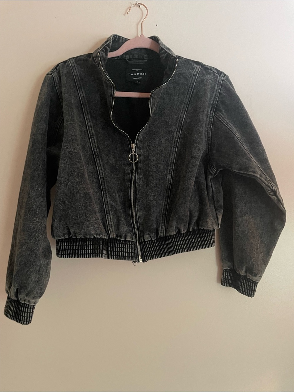 Haute Monde Washed Black Denim Ribbed-Hem Bomber Jacket